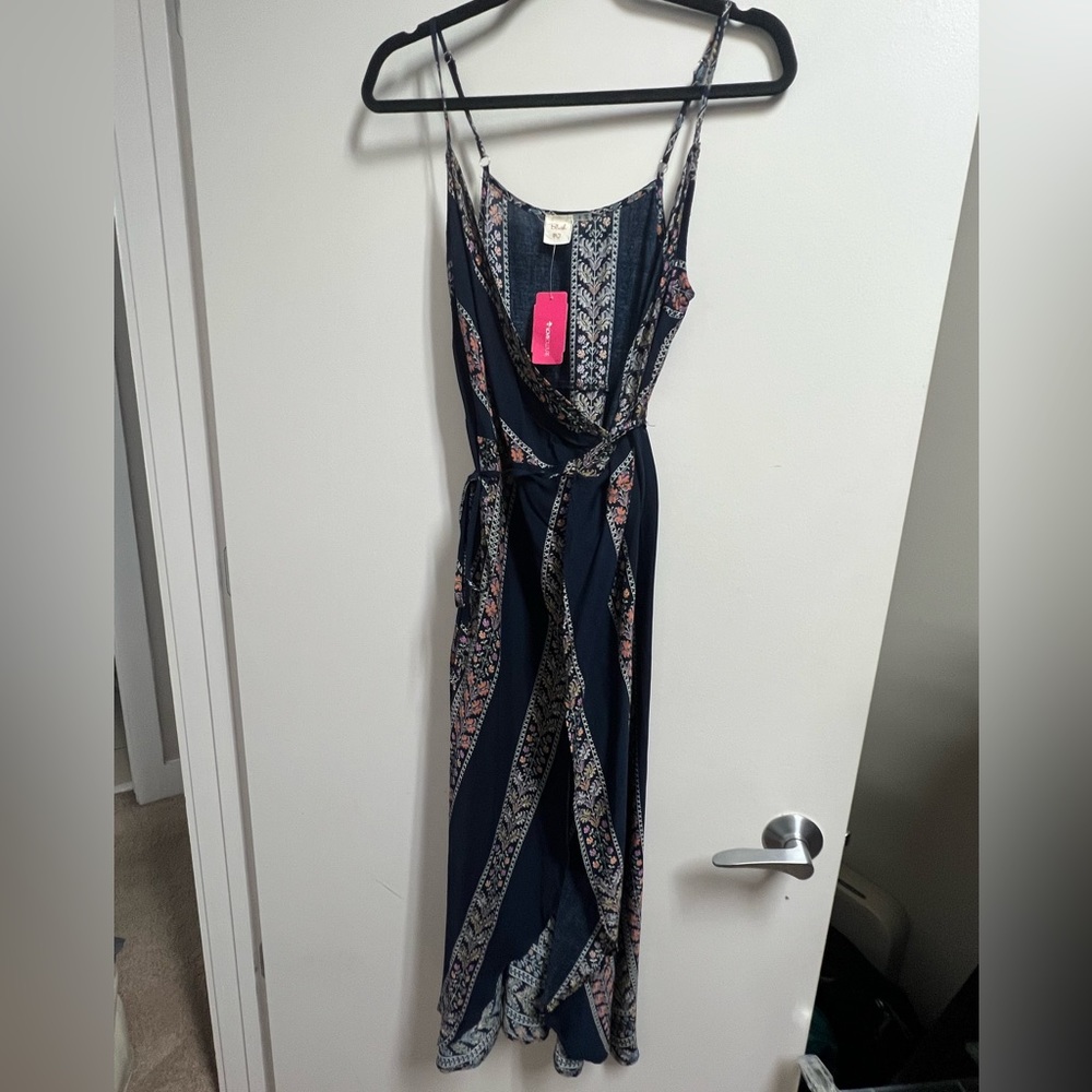 Dark Blue Floral Bohemian Scarf Wrap Dress Size Small